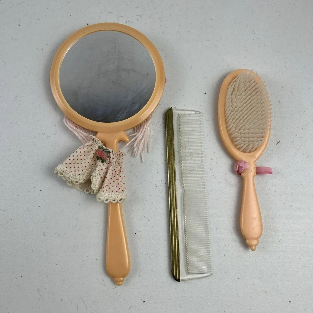 Vintage Child's Doll Face Kitschy Hand Vanity Mirror, Comb, Brush Set